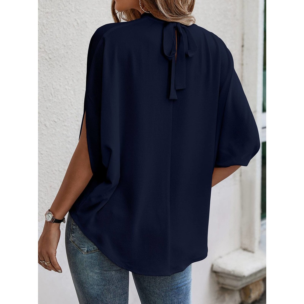 Tie Back Batwing Sleeve short sleeve Blouse black - Picture 11 of 11